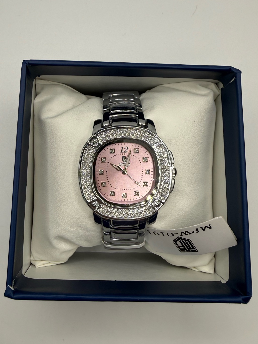Womens Silver Bracelet Watch With Pink Dial And Crystal Accents